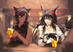 2girls alcohol animal_ears arknights asymmetrical_hair avatar_(ffxiv) bangs bar beer black-framed_eyewear black_gloves black_hair black_vest blaze_(arknights) blue_eyes blurry blurry_background blurry_foreground blush bokeh breasts cat_ears cleavage collarbone commentary commission crossover cup dark-skinned_female dark_skin depth_of_field drinking earpiece english_commentary eyebrows_visible_through_hair final_fantasy final_fantasy_xiv glasses gloves hair_between_eyes hair_over_shoulder hairband holding holding_cup jacket large_breasts lips long_hair looking_at_another medium_breasts medium_hair miqo&#039;te multicolored_hair multiple_girls o_kita915 open_clothes open_jacket open_mouth parted_lips purple_eyes red_hair sitting skeb_commission smile streaked_hair swept_bangs talking tank_top two-tone_hair upper_body vest white_jacket white_tank_top 