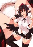  1girl :d alternate_legwear bangs bird_wings black_bow black_bowtie black_hair black_legwear black_skirt black_wings blush bow bowtie breasts buttons collared_shirt commentary_request feathered_wings feathers feet_out_of_frame from_below geta hand_fan hands_up hat hauchiwa highres holding holding_fan jewelry kagami_toufu large_breasts looking_at_viewer looking_down microskirt navel open_mouth panties pantyshot pointy_ears puffy_short_sleeves puffy_sleeves red_eyes red_footwear red_headwear red_nails red_ribbon ribbon ribbon-trimmed_legwear ribbon_trim shameimaru_aya shirt short_hair short_sleeves simple_background sitting skirt smile socks solo stomach swept_bangs tassel tengu-geta thighhighs thighs tokin_hat touhou underwear upskirt white_background white_shirt wing_collar wings 
