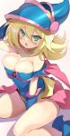  1girl bangs bare_shoulders blonde_hair blue_eyes blue_headwear blush blush_stickers breasts cleavage dark_magician_girl duel_monster highres large_breasts long_hair looking_at_viewer open_mouth pentacle shimejinameko solo thighs yu-gi-oh! yu-gi-oh!_duel_monsters 