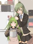  2girls black_footwear black_serafuku chair closed_mouth commentary_request crescent crescent_hair_ornament food green_eyes green_hair hair_ornament hairclip hand_on_another&#039;s_head highres kantai_collection kitchen ladle microwave miniskirt mother_and_daughter multiple_girls nagatsuki_(kancolle) necktie oven_mitts po0000000000 ponytail pot refrigerator school_uniform serafuku skirt table thighhighs tongue tongue_out upper_body 