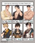  47 6+boys abs absurdres arknights bangs bara bishounen black_hair blonde_hair blue_eyes brown_hair character_name copyright_name cross_scar crossover dota:_dragon&#039;s_blood dota_(series) dota_2 dragon_knight_(dota) elysium_(arknights) elysium_(snowy_echo)_(arknights) english_text facial_hair fate/grand_order fate_(series) genshin_impact goatee highres hijikata_toshizou_(fate) ladies_&amp;_gentlemen_(fate/grand_order) large_pectorals looking_at_viewer male_focus mature_male multiple_boys multiple_crossover muscular muscular_male napoleon_bonaparte_(fate) nipples official_alternate_costume pectoral_cleavage pectorals ruggie_bucchi scar scar_on_chest short_hair sideburns six_fanarts_challenge smile stomach stubble tooth_necklace topless_male twisted_wonderland upper_body v zhongli_(genshin_impact) 