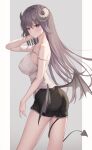  1girl arm_up ass bare_arms bare_shoulders black_shorts breasts camisole closed_mouth curled_horns demon_girl demon_horns demon_tail demon_wings from_side grey_hair highres horns large_breasts long_hair looking_at_viewer looking_to_the_side low_wings original purple_eyes shirt short_shorts shorts shuvi_(shuvi1125) sleeveless sleeveless_shirt solo spaghetti_strap strap_slip tail tail_around_leg thighs white_shirt wings 