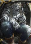  1boy 6suan abs animal_ears arknights bara boots bottle car denim dog_tags feet_out_of_frame furry furry_male ground_vehicle highres holding holding_bottle jeans large_pectorals looking_at_viewer male_focus motor_vehicle mountain_(arknights) muscular muscular_male nipples pants pectorals scar scar_across_eye scar_on_arm scar_on_face scar_on_leg short_hair solo stomach thick_thighs thighs tiger_boy tiger_ears topless_male torn_clothes torn_pants towel towel_around_neck white_fur white_hair 