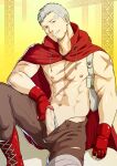  1boy abs bandaid bandaid_on_forehead bara bare_pectorals brown_pants bulge cape censored cross_scar erection facial_hair gloves goatee grey_hair head_tilt looking_at_viewer male_focus mature_male mosaic_censoring muscular muscular_male navel nipples no_male_underwear no_shirt open_fly pants pectorals persona persona_3 red_cape red_gloves sanada_akihiko scar scar_on_arm scar_on_chest short_hair sideburns smile solo stomach thick_thighs thighs uncensored undercut zink_(zink_mchn) 