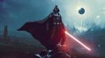  1boy absurdres black_cape cape commentary darth_vader eclipse energy_sword facing_viewer helm helmet highres kalmahul lightsaber male_focus outdoors science_fiction signature solar_eclipse solo star_wars sun sword weapon 