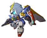  blue_eyes chibi clenched_hand glowing glowing_eye gun gundam gundam_wing holding holding_gun holding_weapon looking_at_viewer mecha mechanical_wings mobile_suit science_fiction shield solo susagane v-fin weapon white_background wing_gundam wings 