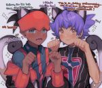  2boys animal_ears black_hair blush cat_boy cat_ears cat_tail champion_uniform character_name chariko clenched_hands closed_mouth collared_shirt commentary_request dark-skinned_male dark_skin english_text grey_background hands_up leon_(pokemon) male_focus multiple_boys open_mouth orange_headband pokemon pokemon_(game) pokemon_swsh purple_hair raihan_(pokemon) shield_print shirt short_hair short_sleeves simple_background smile sparkle sweat sword_print tail teeth tongue undercut yellow_eyes younger 