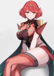  1girl absurdres bangs black_gloves breasts chest_jewel earrings fingerless_gloves gloves highres jewelry large_breasts matsukan_(dug_pile) pyra_(xenoblade) red_eyes red_hair red_legwear red_shorts short_hair short_shorts shorts solo swept_bangs thighhighs tiara xenoblade_chronicles_(series) xenoblade_chronicles_2 