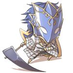  1boy armor blue_hair breastplate chainmail chibi commentary_request faulds gauntlets holding holding_scythe leg_armor male_focus mask masked natsuya_(kuttuki) pauldrons ragnarok_online royal_guard_(ragnarok_online) scythe shield short_hair shoulder_armor simple_background solo standing white_background 