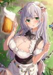  1girl :o alcohol animal_ears animal_print apron bare_shoulders beer beer_mug bodice bow bowtie breasts center_frills cleavage cow_ears cow_girl cow_horns cow_print cow_tail cup detached_collar detached_sleeves dirndl dress drinking_glass ear_tag eyebrows_visible_through_hair fake_animal_ears flower food frilled_dress frilled_skirt frills from_above german_clothes grass green_eyes grey_hair hair_flower hair_ornament hands_up highres hololive horns large_breasts looking_at_viewer mug open_mouth outdoors oyu_(sijimisizimi) puffy_short_sleeves puffy_sleeves sausage shirogane_noel short_sleeves skirt solo tail virtual_youtuber waist_apron white_hair 
