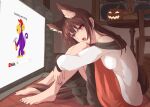  1girl :o animal_ear_fluff animal_ears bangs bare_shoulders barefoot basket blush breast_press breasts brown_hair commentary_request cup dress extra_ears fangs feet fingernails halloween hugging_own_legs imaizumi_kagerou jack-o&#039;-lantern kagami_toufu large_breasts long_fingernails long_hair mug nail_polish off-shoulder_dress off_shoulder open_mouth pot red_eyes red_nails sharp_fingernails sharp_toenails sidelocks sitting solo table tail toenail_polish toenails toes touhou window wolf_ears wolf_tail youtube youtube_logo 