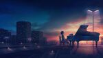  1girl building chair city cityscape highres instrument music open_mouth original piano playing_instrument scenery short_hair short_sleeves singing sitting skyscraper solo stairs sunset yuhack 