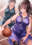  2girls ball bangs bare_shoulders basketball basketball_court basketball_jersey basketball_uniform blue_eyes brown_eyes brown_hair clenched_teeth collarbone dribbling highres holding holding_ball inue_ao jersey multiple_girls open_mouth original ponytail short_hair sidelocks single_thighhigh sportswear sweat teeth thighhighs 