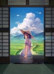  1girl arm_support bangs black_hair blue_eyes blue_sky bob_cut cloud cover_image cumulonimbus_cloud day dirt_road dress field from_behind grass hat hiiragi_ache looking_back mountain nature novel_illustration official_art outdoors pink_dress puffy_short_sleeves puffy_sleeves road scenery short_hair short_sleeves shouji sitting sky sliding_doors smile solo straw_hat textless veranda white_dress yasumo_(kuusouorbital) 
