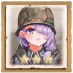  1girl bangs camouflage camouflage_helmet camouflage_jacket commentary company_of_heroes earrings german_army hair_between_eyes hair_over_one_eye hat helmet jacket jewelry lowres medium_hair military military_hat military_uniform open_mouth original portrait purple_eyes purple_hair side_ponytail solo star_(symbol) teeth uniform world_war_ii zhainan_s-jun 