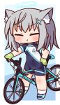  1girl :t animal_ear_fluff animal_ears bangs bicycle biker_clothes bikesuit blue_archive blue_background blue_footwear blush bodysuit cat_ears chibi closed_eyes closed_mouth clothes_writing covered_navel eyebrows_visible_through_hair facing_viewer full_body gloves green_gloves grey_hair groin ground_vehicle hair_ornament halo hana_kazari hand_on_hip highres long_hair pout shiroko_(blue_archive) shoes short_sleeves socks solo standing sweat white_legwear 