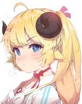  1girl :t ahoge andychen animal_ears bangs blonde_hair blue_eyes blush bow bowtie choker eyebrows_visible_through_hair from_side hair_ornament hairclip highres hololive horns long_hair looking_at_viewer looking_to_the_side portrait pout red_choker ribbon_choker sailor_collar sheep_ears sheep_girl sheep_horns simple_background solo tsunomaki_watame v-shaped_eyebrows virtual_youtuber white_background white_bow white_bowtie white_sailor_collar 