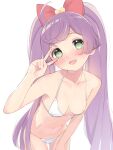  1girl ahoge bangs bikini blush bow breasts commentary_request eyebrows_visible_through_hair green_eyes hair_bow heart highres hyakumangoku_masurao long_hair manaka_lala nipple_slip nipples parted_lips pretty_(series) pripara purple_hair red_bow simple_background small_breasts solo sweat swimsuit twintails v v_over_eye very_long_hair white_background white_bikini 