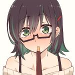  1girl artist_self-insert black_hair blush colored_inner_hair commentary earrings english_commentary food food_in_mouth glasses green_eyes green_hair hair_ornament hairclip holding holding_food holding_pocky incoming_pocky_kiss jewelry kukie-nyan kukie-nyan_(character) mouth_hold multicolored_hair original pocky pocky_day pocky_kiss solo two-tone_hair 