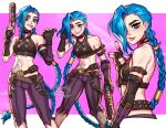  1girl arcane:_league_of_legends blue_eyes blue_hair blushy-pixy braid commentary english_commentary explosive finger_gun grenade grenade_pin gun hair_over_one_eye halterneck handgun holding holding_grenade holding_gun holding_weapon horizontal_stripes jinx_(league_of_legends) league_of_legends looking_at_viewer navel pants smile stomach stomach_tattoo striped striped_pants tattoo twin_braids weapon 