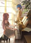  2girls absurdres black_bow blue_hair bow choker commentary day dress eye_contact hair_bow hair_ornament hairclip highres indoors instrument long_hair looking_at_another mahou_shoujo_madoka_magica miki_sayaka morimori_(14292311) multiple_girls music paper piano piano_bench picture_frame pink_hair plant playing_instrument sakura_kyouko sheet_music short_hair sitting standing sunlight yellow_bow 