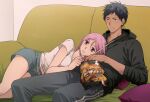  1boy 1girl aomine_daiki bag_of_chips black_hoodie blue_eyes blue_shorts breasts chinese_commentary chips couch dark-skinned_male dark_skin drawstring food hood hoodie kuroko_no_basuke looking_to_the_side lying lying_on_person momoi_satsuki on_couch pants parted_lips pink_eyes pink_hair potato_chips shirt short_hair short_sleeves shorts sitting track_pants white_shirt xuan_zhi_yue_ying 