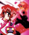  1990s_(style) 1girl akihabara_dennou_gumi bangs breasts dual_persona eyebrows_visible_through_hair hanakoganei_hibari helmet huge_breasts kotobuki_tsukasa official_art parted_lips red_eyes red_hair retro_artstyle short_hair solo visor 