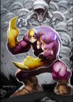  1boy artist_name creature fighting_stance highres isz justin_murray looking_at_viewer male_focus muscular open_mouth solo standing superhero the_maxx the_maxx_(character) 