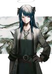  1girl abstract_background alternate_costume arknights bangs belt belt_buckle blue_eyes blue_hair border buckle coat commentary demon_horns dress earrings grey_background grey_dress halo hand_on_hip horns huanxiang_heitu jewelry long_hair looking_to_the_side mostima_(arknights) muted_color necklace open_clothes open_coat sidelocks smile solo symbol-only_commentary upper_body white_coat 