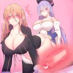  2girls absurdres all_fours ass azur_lane bismarck_(azur_lane) black_footwear black_headwear black_jacket blue_eyes boots braid breasts buttons censored cleavage coat detached_sleeves double-breasted eyebrows_visible_through_hair french_braid fur-trimmed_boots fur_trim futa_with_female futanari gold_trim hair_between_eyes highres huge_breasts jacket kneeling long_hair mosaic_censoring multiple_girls penis pink_background purple_coat purple_eyes purple_hair rikuguma rodney_(azur_lane) sex simple_background thigh_boots thighhighs two-tone_coat vaginal very_long_hair white_coat white_footwear x-ray 