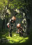  2girls absurdres blindfold blonde_hair breasts cleavage cleavage_cutout clothing_cutout covered_eyes dappled_sunlight flower forest hairband high_heels highres mole mole_under_mouth multiple_girls nature nier_(series) nier_automata operator_6o oukayu outdoors ruins scenery short_hair smile squatting standing sunlight thighhighs veil white_hair yorha_no._2_type_b 
