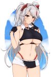  1girl absurdres azur_lane bare_shoulders belt black_gloves breasts clothing_cutout cropped_shirt eyebrows_visible_through_hair fnzz gloves grey_hair half_gloves headgear highres large_breasts long_hair looking_at_viewer mole mole_on_breast multicolored_hair official_alternate_costume panties prinz_eugen_(azur_lane) prinz_eugen_(final_lap)_(azur_lane) race_queen red_hair red_panties simple_background solo standing streaked_hair two-tone_hair two-tone_skirt underboob underboob_cutout underwear very_long_hair white_background white_belt 
