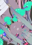  1girl absurdres bangs breasts cleavage close-up colored_skin commentary eyeliner face fate/grand_order fate_(series) grey_background grey_hair grey_skin hair_between_eyes hair_ornament highres horns ibuki_douji_(fate) long_hair looking_at_viewer magatama makeup multicolored_hair multiple_horns mumei_(meiime_) oni oni_horns pink_eyes pink_hair pointy_ears scrunchie sidelocks smile solo teeth twitter_username two-tone_hair upper_body 