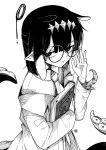  1girl alternate_hair_length alternate_hairstyle angry_num ao-chan_(ninomae_ina&#039;nis) black_hair book closed_mouth coat glasses greyscale hair_ornament hand_on_eyewear highres hololive hololive_english labcoat looking_at_viewer monochrome necktie ninomae_ina&#039;nis pointy_ears short_hair solo tentacle_hair tentacles virtual_youtuber watermark 