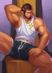  1boy armpits bara beard black_male_underwear boxers brown_hair bulge dark-skinned_male dark_skin dungeon_and_fighter facial_hair feet_out_of_frame highres jiajiuli looking_at_viewer male_focus male_priest_(dungeon_and_fighter) male_underwear mature_male midriff_peek muscular muscular_male navel no_pants pectorals short_hair sidepec sitting solo spread_legs tank_top thick_thighs thighs underwear white_tank_top 