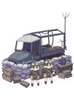  2girls :&lt; bangs barrel black_footwear black_jacket black_shorts blonde_hair blue_eyes blush boots chibi closed_mouth company_of_heroes crate full_body german_army goggles goggles_on_headwear ground_vehicle gun half-track hat helmet holding jacket knee_boots military military_hat military_jacket military_uniform motor_vehicle multiple_girls original radio_antenna sandbag sdkfz_7 shorts standing transparent_background truck uniform weapon world_war_ii wrench zhainan_s-jun 