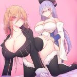  2girls absurdres all_fours ass azur_lane bismarck_(azur_lane) black_footwear black_headwear black_jacket blue_eyes boots braid breasts buttons censored cleavage coat detached_sleeves double-breasted eyebrows_visible_through_hair french_braid fur-trimmed_boots fur_trim futa_with_female futanari gold_trim hair_between_eyes highres huge_breasts implied_sex jacket kneeling long_hair mosaic_censoring multiple_girls penis pink_background purple_coat purple_eyes purple_hair rikuguma rodney_(azur_lane) simple_background thigh_boots thighhighs two-tone_coat vaginal very_long_hair white_coat white_footwear 