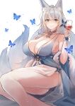  1girl alcohol animal_ear_fluff animal_ears ass azur_lane blue_butterfly blue_collar blue_dress blue_eyes breasts bug butterfly center_opening cleavage cocktail_dress collar commentary_request cup dress drinking_glass evening_gown feather_boa feet_out_of_frame fox_ears halter_dress halterneck holding holding_cup kitsune kyuubi large_breasts large_tail looking_at_viewer multiple_tails official_alternate_costume sea_nami shinano_(azur_lane) shinano_(dreams_of_the_hazy_moon)_(azur_lane) simple_background sitting solo tail white_background white_hair white_tail wine wine_glass wrist_flower 