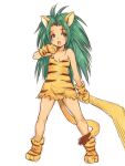  1girl animal_ears animal_hands animal_print boomerang cat_ears cham_cham e10 food fruit gloves green_eyes green_hair long_hair open_mouth paw_gloves paw_shoes samurai_spirits simple_background solo tail tiger_print white_background 