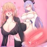  2girls absurdres all_fours ass azur_lane bismarck_(azur_lane) black_footwear black_headwear black_jacket blue_eyes blush boots braid breasts buttons censored cleavage coat detached_sleeves double-breasted eyebrows_visible_through_hair french_braid fur-trimmed_boots fur_trim futa_with_female futanari gold_trim hair_between_eyes highres huge_breasts jacket kneeling long_hair mosaic_censoring multiple_girls open_mouth penis pink_background purple_coat purple_eyes purple_hair rikuguma rodney_(azur_lane) sex simple_background thigh_boots thighhighs tongue tongue_out two-tone_coat vaginal very_long_hair white_coat white_footwear x-ray 