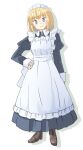 1girl alice_margatroid alternate_costume apron arnest back_bow bangs black_dress blonde_hair blue_eyes boots bow brown_footwear dress drop_shadow enmaided full_body hand_on_hip juliet_sleeves long_sleeves looking_at_viewer maid maid_headdress puffy_sleeves short_hair simple_background sleeve_cuffs smile touhou white_background 