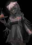  1girl :d absurdres animal_ear_fluff animal_ears apron arknights bangs black_background black_dress black_ribbon chihuri collared_shirt commentary_request dress dress_shirt eyebrows_visible_through_hair fang food fork grey_eyes grey_hair hair_between_eyes hand_up highres holding holding_tray juliet_sleeves knife lappland_(arknights) long_sleeves looking_at_viewer neck_ribbon puffy_sleeves red_pupils ribbon shirt simple_background smile solo tail tray white_apron white_shirt 
