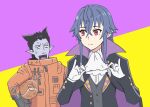  1boy 1girl armadillo black_hair blue_hair cosplay costume_switch draluc_(kyuuketsuki_sugu_shinu) fangs gloves highres irina_luminesk irina_luminesk_(cosplay) john_(kyuuketsuki_sugu_shinu) john_(kyuuketsuki_sugu_shinu)_(cosplay) kyuuketsuki_sugu_shinu pointy_ears red_eyes season_connection simple_background sweat trait_connection tsuki_to_laika_to_nosferatu ueyama_michirou vampire 