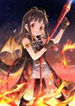  1girl black_hair dragon_wings dress fire flamethrower gloves grin headband magia_record:_mahou_shoujo_madoka_magica_gaiden magical_girl mahou_shoujo_madoka_magica multicolored_hair ouba_juri red_eyes ribbon rikopin smile solo soul_gem weapon wings 