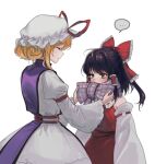  ... 2girls arms_up bangs bare_shoulders black_eyes black_hair blonde_hair blush bow closed_eyes closed_mouth commentary_request detached_sleeves dress eyebrows_visible_through_hair frills gradient gradient_eyes grey_bow grey_eyes grey_scarf hair_between_eyes hair_ornament hair_tubes hakurei_reimu hands_up hat long_sleeves looking_at_viewer mob_cap motherly multicolored_eyes multiple_girls plaid plaid_bow plaid_scarf ponytail purple_vest red_bow red_dress red_scarf scarf short_hair short_hair_with_long_locks simple_background smile standing t20210325 tabard touhou vest white_background white_dress white_headwear wide_sleeves yakumo_yukari 