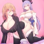  2girls absurdres all_fours ass azur_lane bismarck_(azur_lane) black_footwear black_headwear black_jacket blue_eyes boots braid breasts buttjob buttons censored cleavage coat detached_sleeves double-breasted eyebrows_visible_through_hair french_braid fur-trimmed_boots fur_trim futa_with_female futanari gold_trim hair_between_eyes highres huge_breasts jacket kneeling long_hair mosaic_censoring multiple_girls penis pink_background purple_coat purple_eyes purple_hair rikuguma rodney_(azur_lane) simple_background thigh_boots thighhighs two-tone_coat very_long_hair white_coat white_footwear 