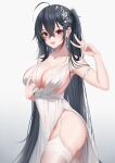  1girl :d absurdres ahoge armlet armpits azur_lane bangs bare_arms bare_shoulders black_hair blush breasts cleavage collarbone commentary_request cowboy_shot dress flower garter_straps gradient gradient_background hair_between_eyes hair_flower hair_ornament highres large_breasts long_hair looking_at_viewer navel no_panties official_alternate_costume one_side_up pelvic_curtain red_eyes see-through sleeveless sleeveless_dress smile solo taihou_(azur_lane) taihou_(temptation_on_the_sea_breeze)_(azur_lane) thighhighs tongue v very_long_hair white_background white_dress white_legwear xi_(377684317) 