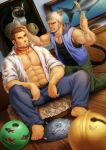  2boys abs animal_ears ball bara bare_shoulders barefoot beard bell black_tank_top brown_hair bulge cat_boy cat_ears cat_tail covered_abs denim facial_hair headpat highres jeans large_pectorals long_sideburns male_focus mature_male multiple_boys muscular muscular_male navel navel_hair neck_bell one_eye_closed open_clothes open_shirt original pants pectoral_cleavage pectorals pet_play portrait_(object) saolin_(wudangx) short_hair sideburns sleeveless stomach tail tank_top thick_eyebrows white_hair yaoi 