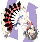  1girl :p arnest arrow_(symbol) bangs black_hair dress eyebrows_visible_through_hair full_body hand_up horns kijin_seija looking_at_viewer medium_hair one_eye_closed red_eyes red_hair short_sleeves simple_background solo tongue tongue_out touhou upside-down white_background white_dress wristband zouri 