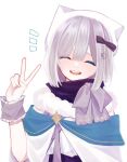  1girl ^_^ beret black_bow bow capelet closed_eyes cross_hair_ornament fur_trim grey_bow grey_hair hair_bow hair_ornament hat head_tilt jacket kaga_sumire lupinus_virtual_games maru_(maru_2612) off_shoulder open_mouth short_hair smile solo v virtual_youtuber vspo! white_background white_capelet white_headwear white_jacket 